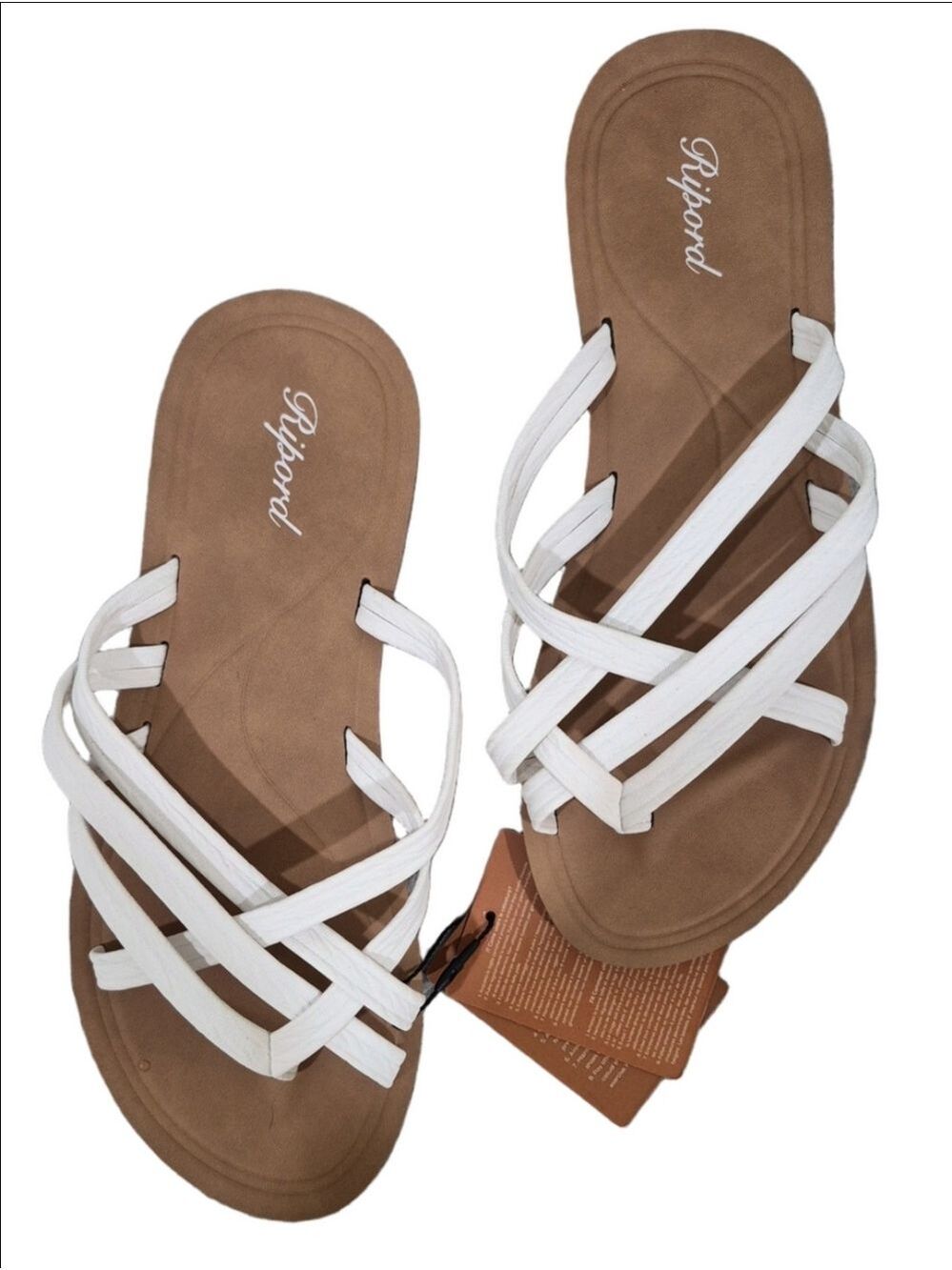 Ripord Flat Slide Sandals | White & Tan Strappy Summer Slip-Ons (New with Tags)